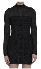 BALMAIN PARIS PB Monogram Knit Mini Dress Black Metallic Mock Neck FR 36 Small