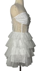 Iridescent Sparkly Sequin Tiered Tulle Mini Dress Mesh Corset Boned Strapless L