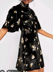 Free People Black Floral Velvet Mock Neck Mini Dress Flutter Sleeve Size S