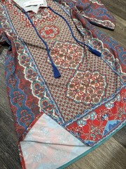 Urban Coco L Geometric Tasseled Shift Dress 3/4 Sleeve Red Blue Beige