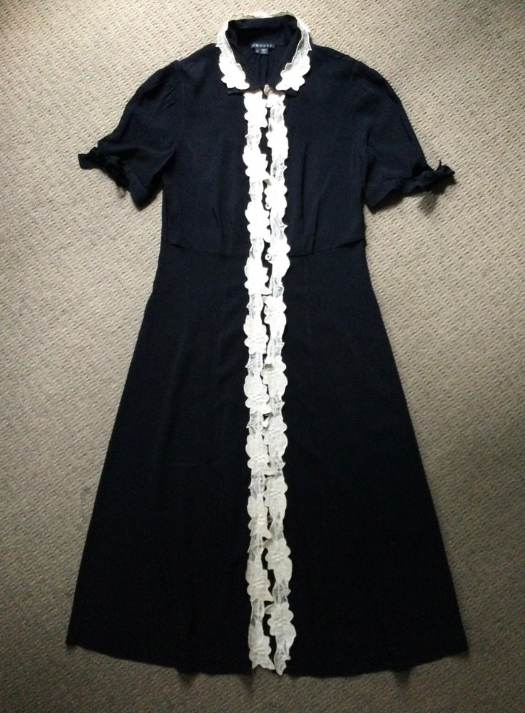 THEORY black Robbins Charm button up collared dress ecru lace trim Women’s 2