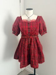 Vintage Liz Lisa Red Tartan Plaid Ruffle Dress Puff Sleeve Tie Waist