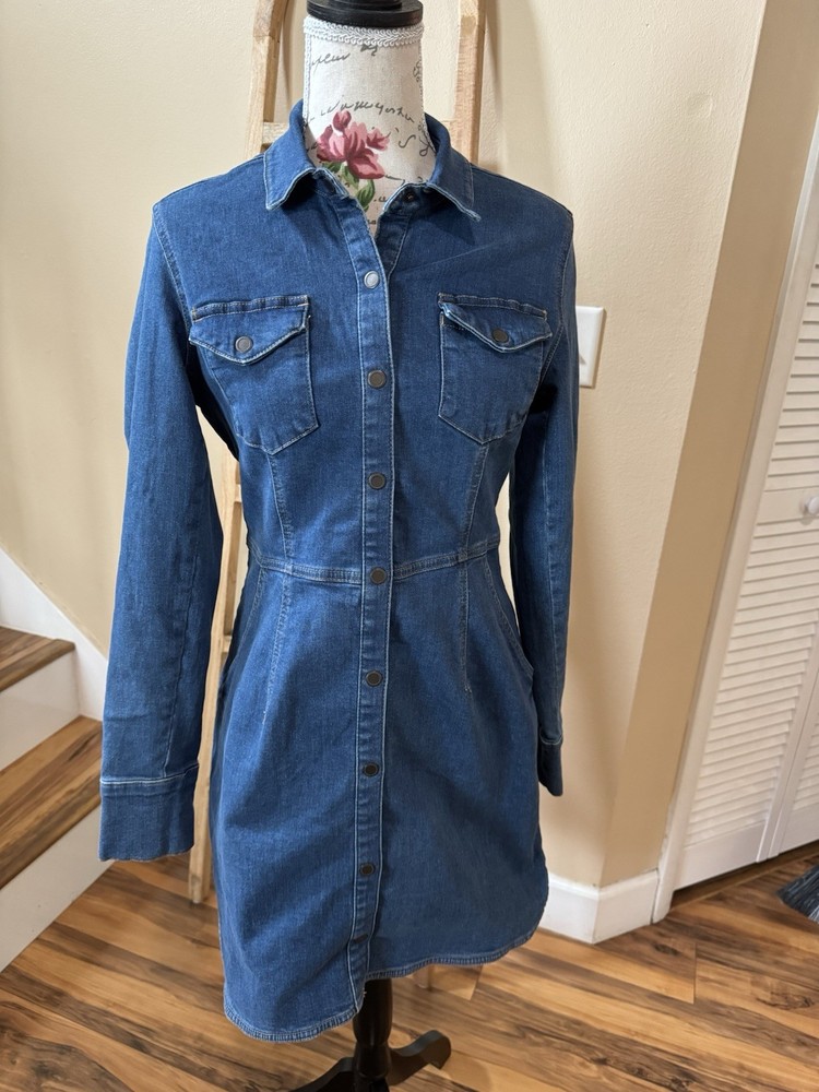 Free People Blue Denim Button-Front Collared Long Sleeve Short Shirt Dress M
