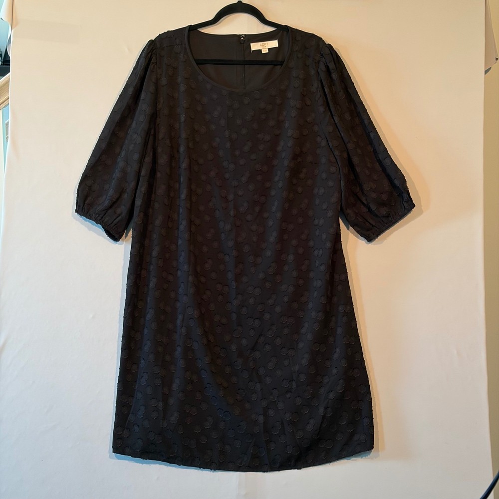 Loft Plus Black Clip Dot Shift Dress Womens 20 Scoop Neck 3/4 Puff Sleeve 500472