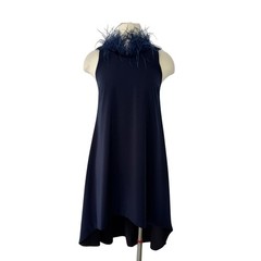 Camilyn Beth Feather Trim Crepe A-Line Shift Dress High-Low Hem Navy Blue 2