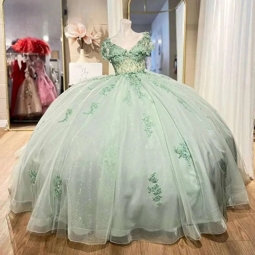 Mint Green Illusion Bow Back Quinceanera Dresses Ball Gown Off The Shoulder