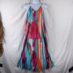 Source Unknown Women&rsquo;s Blue Orange Sleeveless Pockets Flared Midi Dress Size M