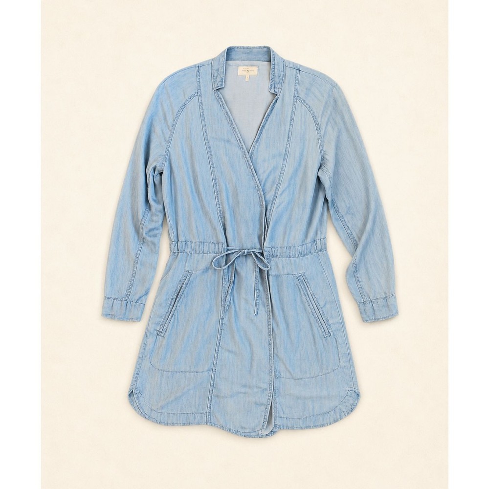 Lou & Grey Chambray Wrap Shirt Dress Womens Medium Blue Tie Waist Utility Pocket