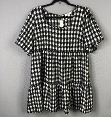Entro Dress Womens Large Black White Wool Blend Houndstooth Babydoll Tiered Mini