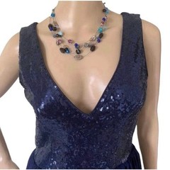 Goddiva Navy Sequin & Chiffon Formal Maxi Elegant Dress V Neck Evening Gown Sz4