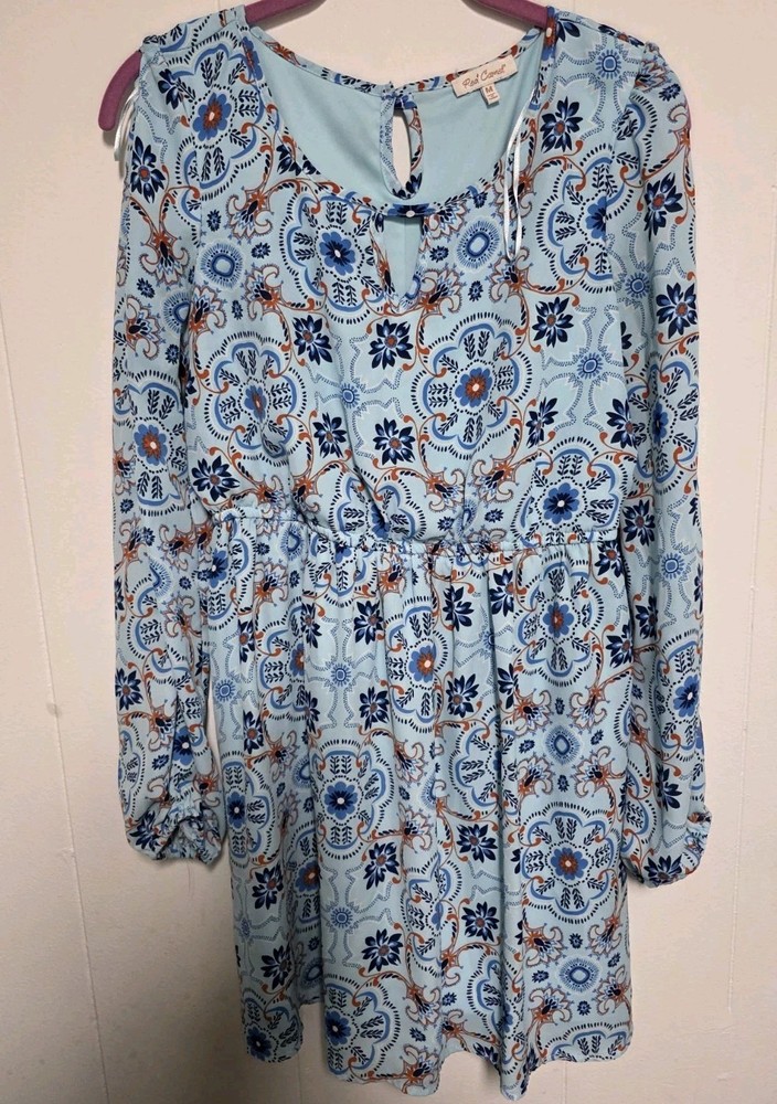 Red Camel Dress Womens Medium Blue Floral Boho Peasant Long Sleeve Casual