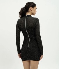 BALMAIN PARIS PB Monogram Knit Mini Dress Black Metallic Mock Neck FR 36 Small