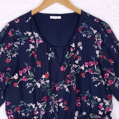 Maurices Womens XL Navy Blue Floral Chiffon Dress 3/4 Tie Sleeve Elastic Waist