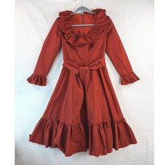 A and O Couture by Artin Regency Rust Orange Ruffle Midi Dress Small 60s 70s LS