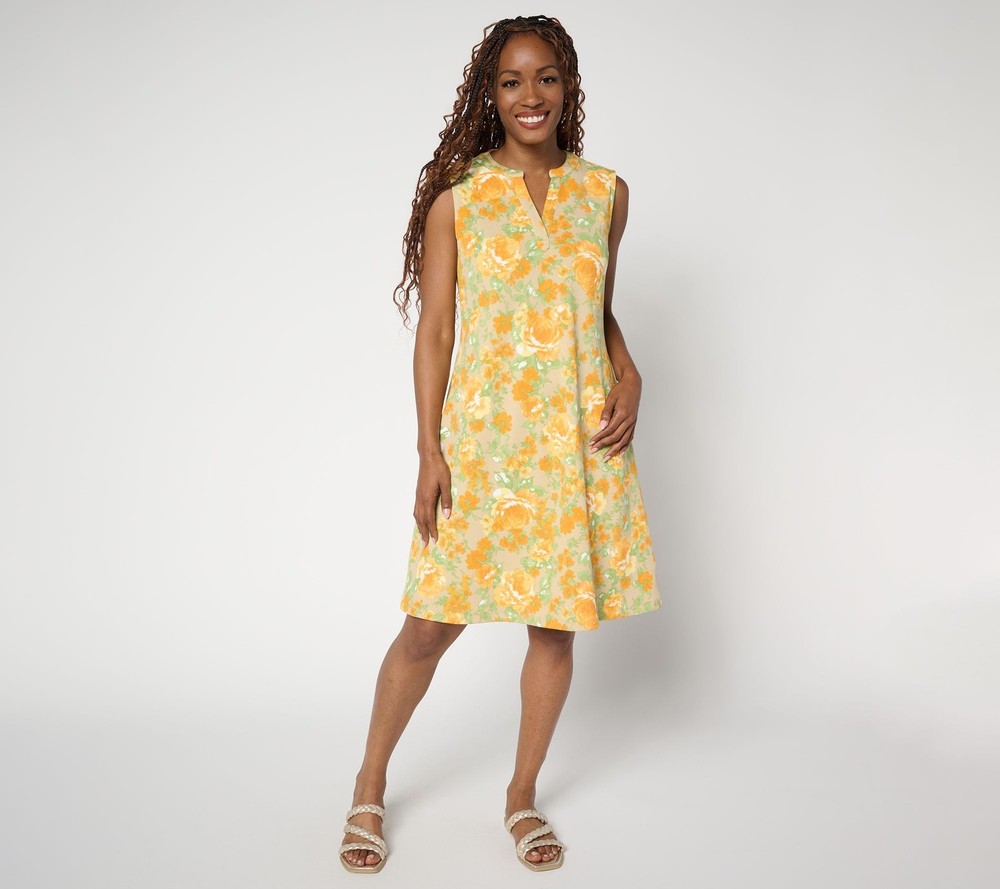 Isaac Mizrahi Live! Regular Printed Texture Knit Shift Dress Yellow Bloom L New