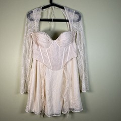 Oh Polly Ninette Long Sleeve Sheer Lace Corset Mini Dress in Ivory Cream US10