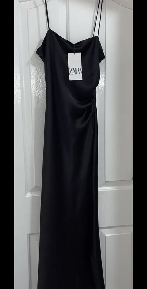 ZARA BLACK RUCHED SATIN CAMISOLE MIDI SLIP DRESS L 14 16 Bodycon