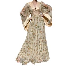 70s Rare Gunne Sax By Jessica Maxi Floral Butterfly Print Angel Kimono Sleeve