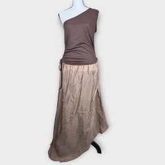 find me now One Shoulder Midi Dress Small Brown Mixed Media Ruched Asymmetrical