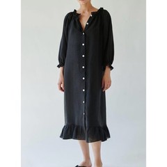 Sleeper Black Off-Shoulder Button-Front Ruffle-Hem Dress