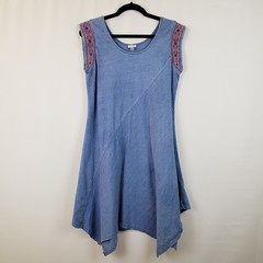 Spence Dress L Denim Look Blue Slub Knit 100% Cotton Asymmetric Hem Embroidered