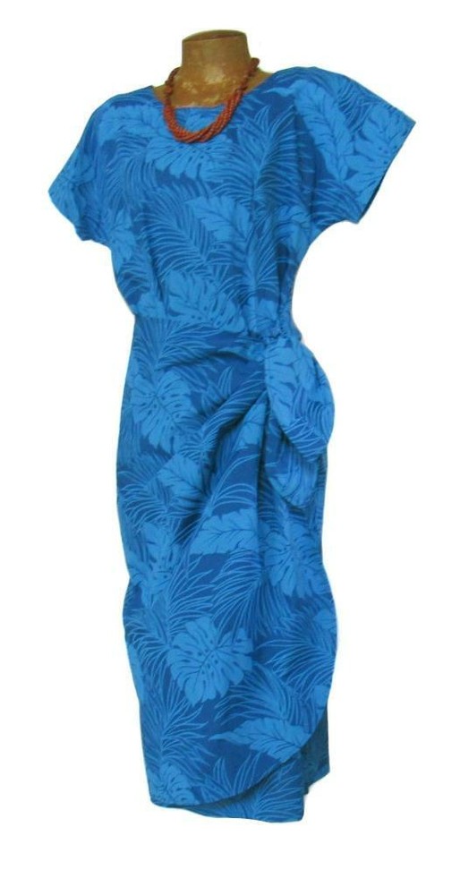 NEW Slimming Blue Monstera Leaf Wrap Dress w/ Cap Sleeves, Poly-Cotton Blend