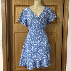 GHANDA Blue Split Tie V Neck Flow Women’s Dress Floral Size M (like 12)