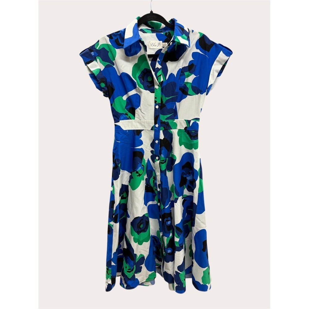 Eliza J Bold Blue Green Floral Button Front Shirt Dress Classy Cocktail 2