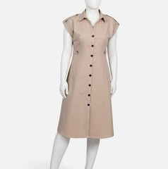 NY Collection Women Beige Sleeveless Linen Blend Button Front Dress Petite Sz PM