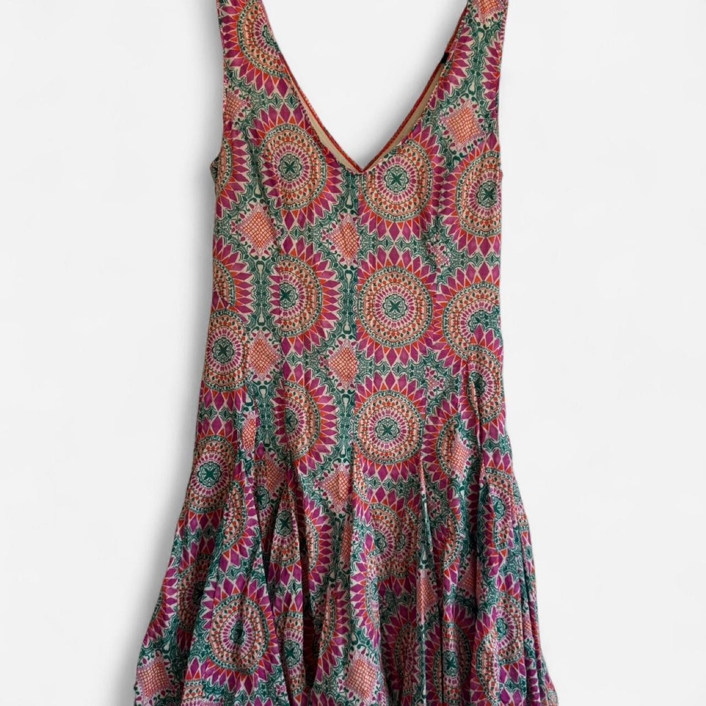 HD in Paris Anthropologie Boho Geometric Patterned Cotton Dress in Pink, Green