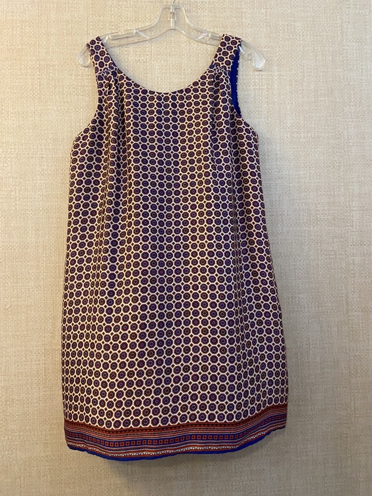 Lila Rose sleeveless A-line shift dress size 10 ivory with blue & red geo print