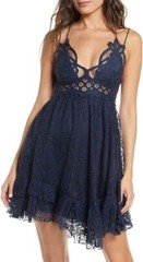 NWT Free People Navy Blue Adella Burnout Velvet & Lace Boho Mini Slip Dress