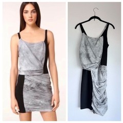 NWOT Helmut Lang Silk Draped Colorblock Graphite Grey & Black Mini Dress Size 2