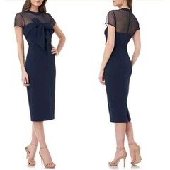JS Collections Bow Detail Midi Dress Navy Blue Mesh Top Size 10 NWT
