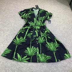 Nautica Dress Womens Small Black Palm Tree Button Belted Fit & Flare Summer