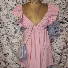 Storia Pink Ruffle Sleeve Deep V Neck Mini Dress Babydoll Boho Romantic Size S
