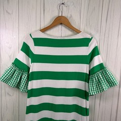 CROWN & IVY Striped Mini Dress Short Gingham Bell Sleeve in Green/White, Small