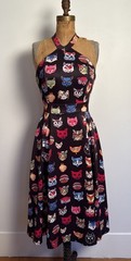 High Neck All Over Cat Print Rainbow Halter Midi Dress Stretch Jersey Cute! S