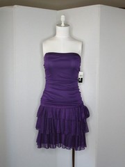 Sz M Vintage 90s Y2K Purple Glitter Ruffle Bow Ruched Tube-Top Strapless Dress