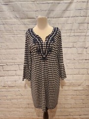 Crown & Ivy Plaid Rope Bell Sleeve Dress Womens Size Large Keyhole Back Navy