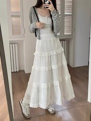 Spring Summer White Hollow Long Cake Skirt Women High Waist Lace Patchwork