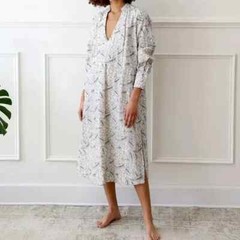 Mille Resort Ivory Blue Floral Embroidered Long Sleeve Esther Caftan Dress XXS-S