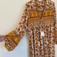 R.Vivimos Boho Floral Maxi Dress XL Orange Yellow Tassel Long Sleeve Flowy Gypsy