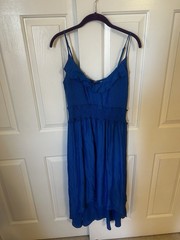 Parker Women’s Blue Solid A-Line V-Neck Sleeveless Ruffle Knee Length Dress 14