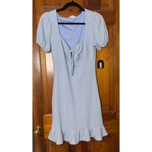 Lost + Wander Mini Dress Womens Small Blue Ruffle Puff Sleeve Tie Front