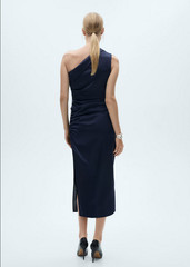 NWT MANGO MNG $90 NIGHT BLUE GATHERED DETAIL ASYMMETRICAL SATIN DRESS SZ M US 6