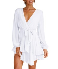 Cosonsen Womens Cute Mini Dress Deep V-Neck Balloon Sleeve Ruffle Short Dress