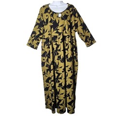 Ulla Popken Maxi Dress 20/22 Black Yellow Green Leaf Lagenlook Pockets Plus