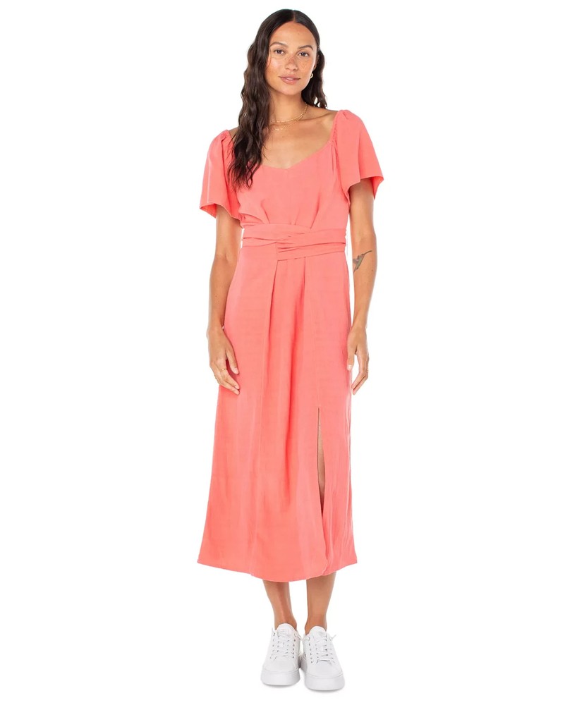 New Roxy Bungalow Bliss Solid-Color Tie-Back Midi Dress Sugar Coral Size Large
