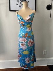Lulus Blue Floral Satin Cowl Neck Backless Tie Strap Midi Dress XL